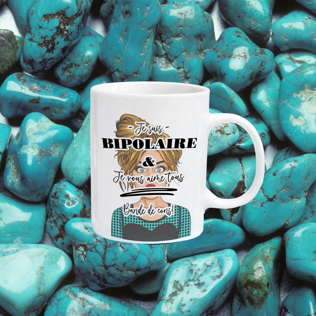 Tasse à café Je suis bipolaire et je vous aime tous, bande de cons