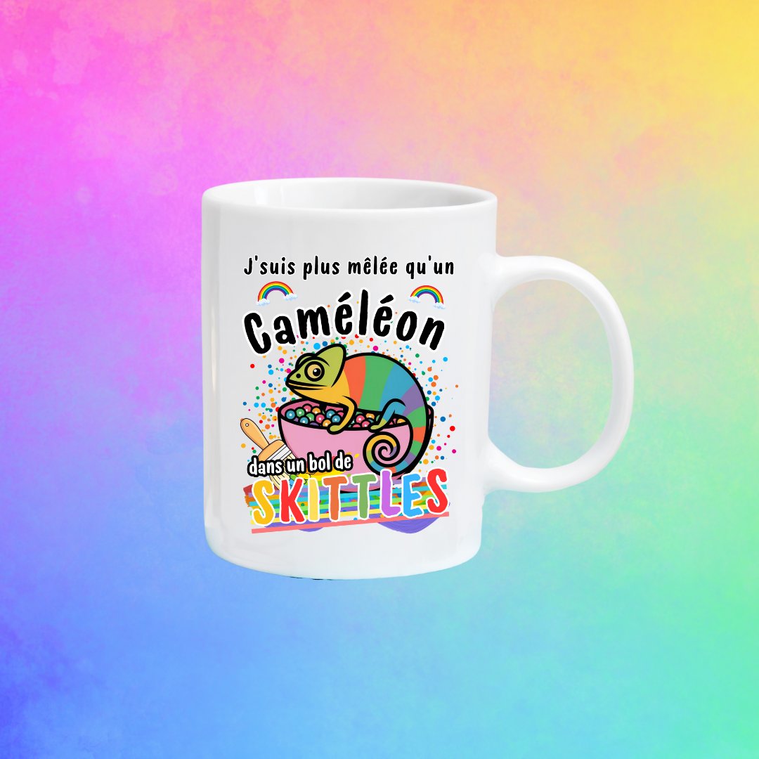 Tasse à café J'suis plus mêlée qu'un Caméléon dans un bol de Skittles